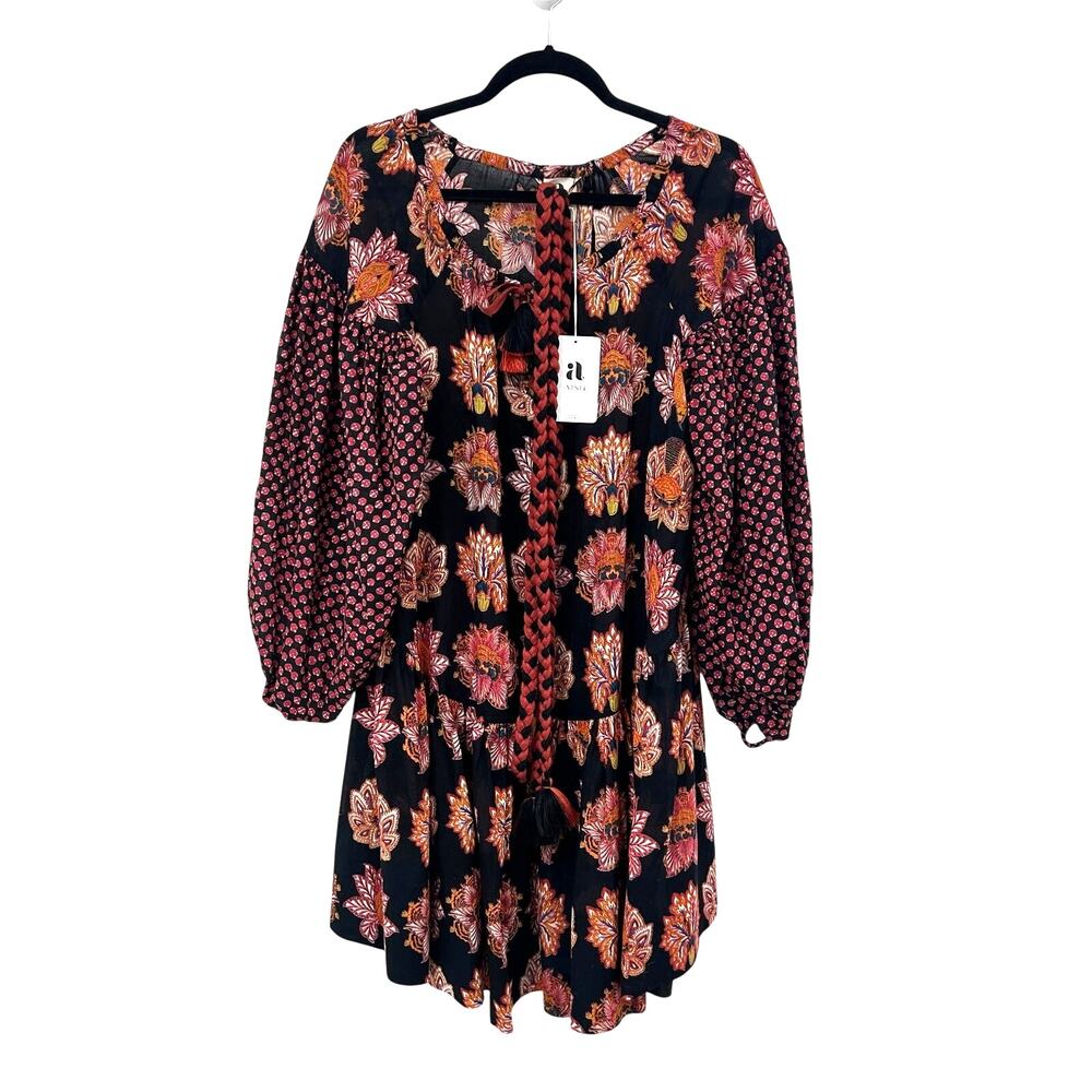 NWT Aish Belted Pure Cotton Floral Print Sasha Dress Black Multi Size Large Boho